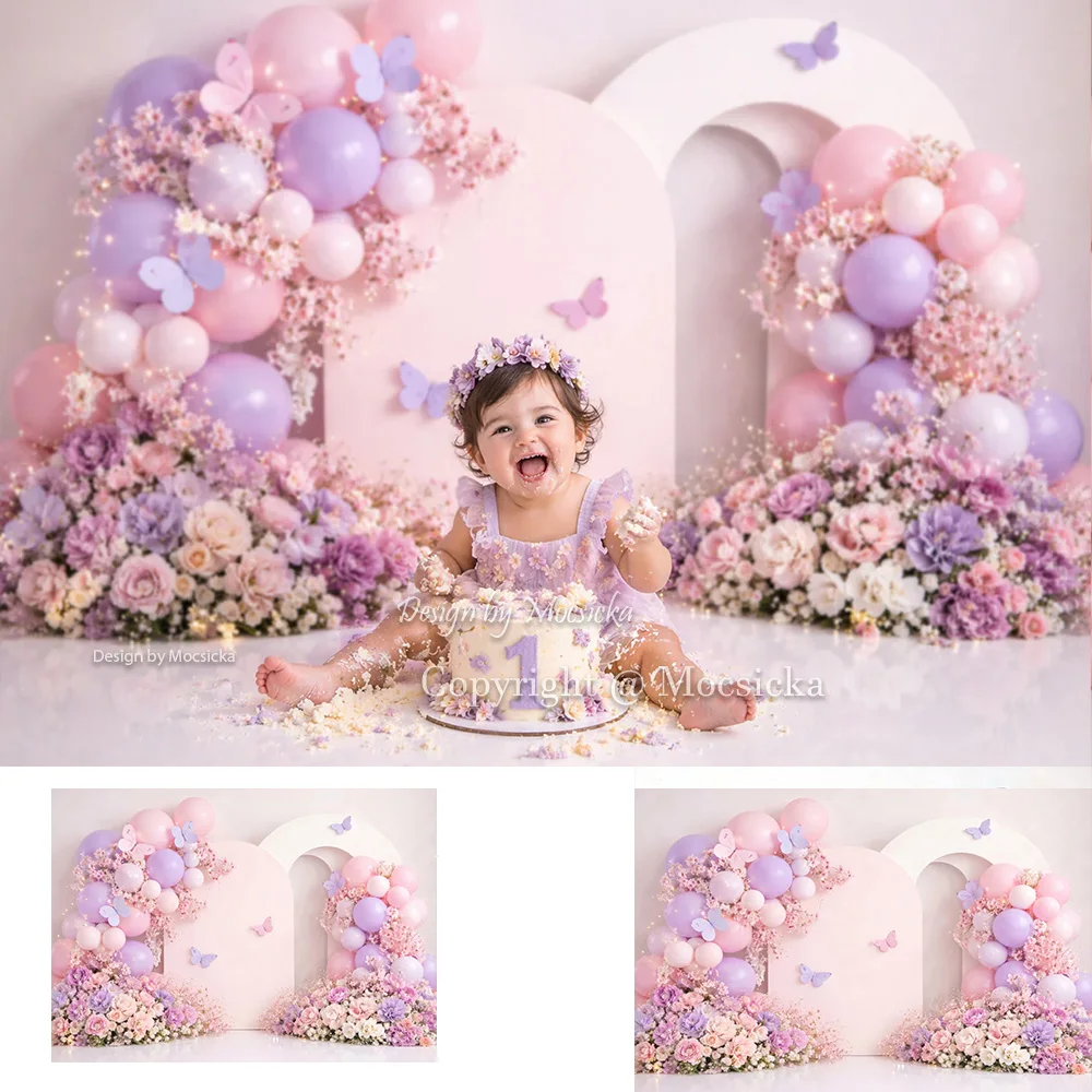 Mocsicka Cake Smash Backdrop Photography Pink Purple Floral Butterfly Balloon Background Baby Girl 1st Birthday Party Photobooth