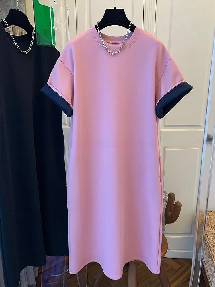 SuperAen ファッションハイエンドコントラストカラー半袖 Tシャツドレスルーズロングドレスオーバーサイズ 2025 夏の新作ドレス