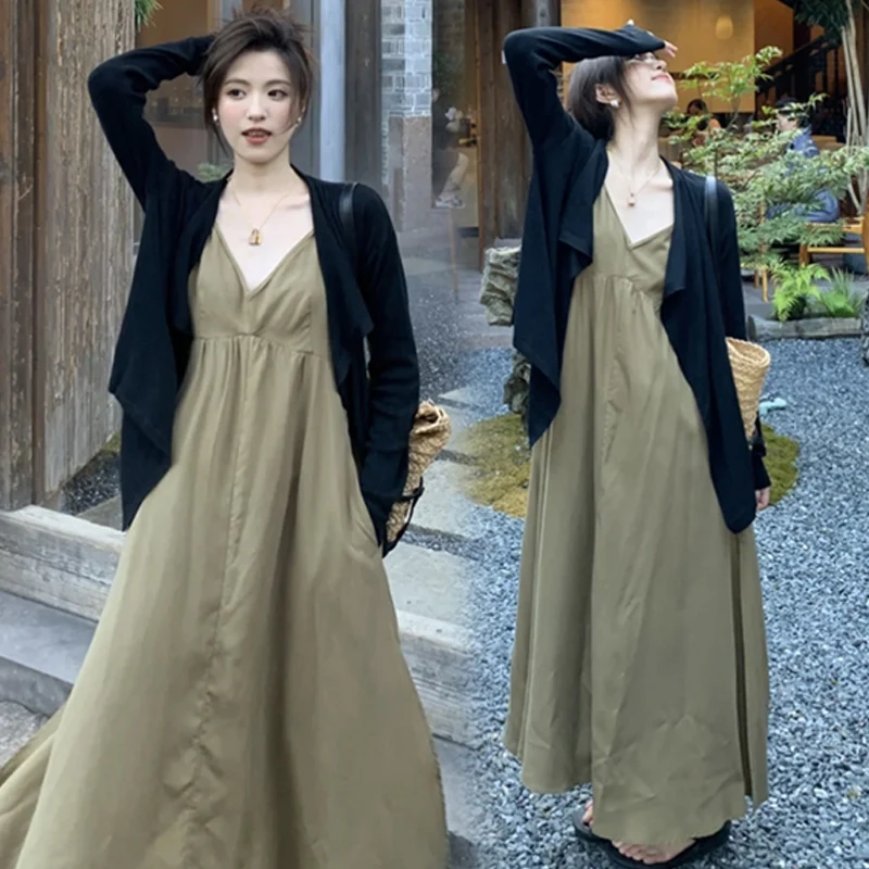 

Korean Style Summer Maternity Clothes Set Dress Suits Black Cardigans+strap Dress Twinset Pregnant Women Holiday Beach Clothing