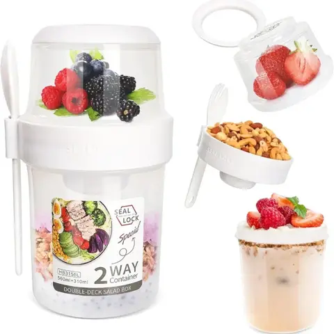 2-परत सलाद कप नाश्ता कप पोर्टेबल खाद्य भंडारण बेंटो बॉक्स दलिया अनाज अखरोट दही कंटेनर सेट स्कूल के लिए कांटा के साथ 8 best sales सलाद कंटेनर - №3