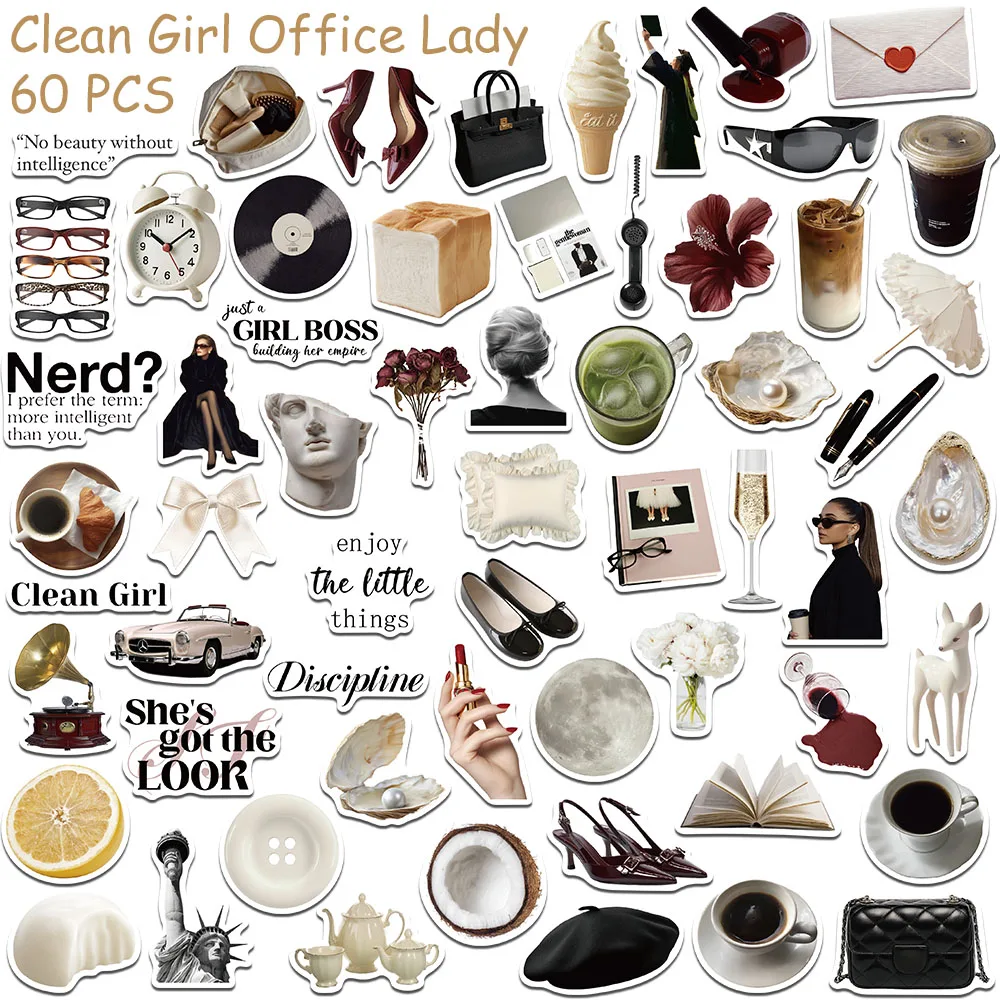 60 Stück Clean Girl Office Lady Aufkleber für Laptop, Scrapbook, Skateboard, Helm, Gitarre, DIY, ästhetische, wasserfeste Aufkleber – Detail 7