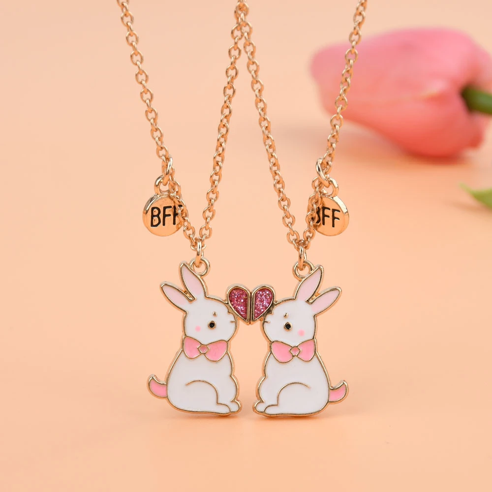 Lovecryst 2Pcs/set Cartoon Rabbit Magnetic Drip Oil Alloy Pendant Best Friend Necklace for Kids Girls Fashion Friendship Gifts