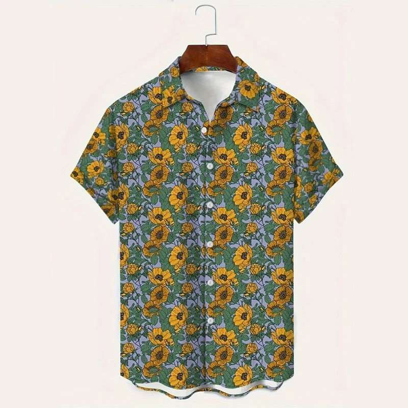 Camiseta estampada de manga curta floral masculina, camisa de botão de lapela, blusa de festa praia, top havaiano, verão