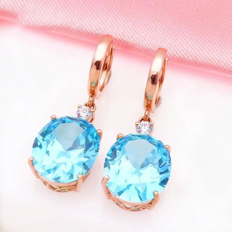 

585 Purple Gold Inlaid Blue Gem Oval Earrings for Women Plated 14k Rose Gold Romantic and Fresh Fashion Earings Jewelry