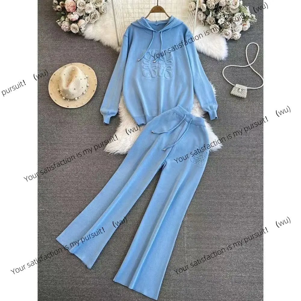 

American three-dimensional heavy industry new knitted hooded pullover wide-leg pants set fashionable and simple temperament