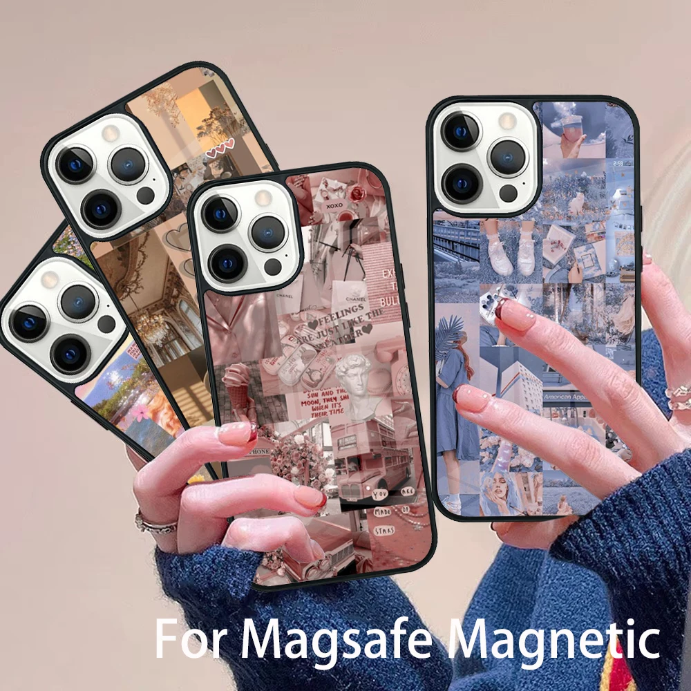 

Aesthetic Collage Phone Case Magesafe Magnetic Wireless Charge Cover For IPhone 16 11 12 13 14 15 Pro Max Plus Mini