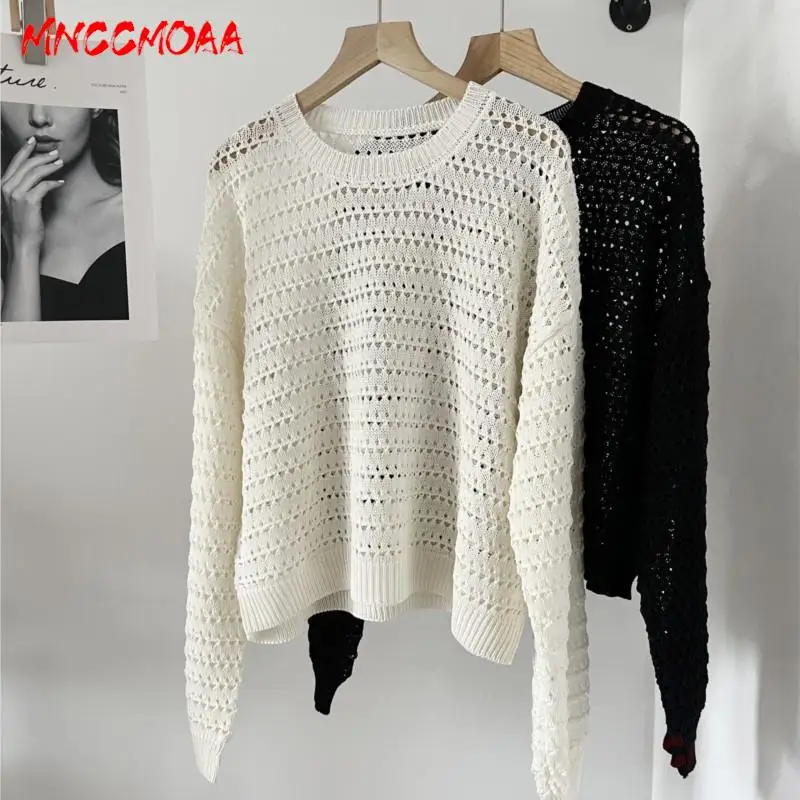 

MNCCMOAA-Women's Hollow Out Knitted Sweater, Loose Pullover, Round Neck, Long Sleeve, Casual, High Quality, Fashion, 2024