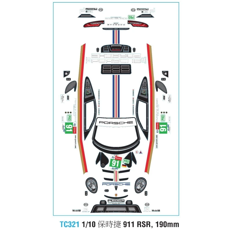 TC321 1/10 Porsch 911 RSR прозрачный корпус + хвостовое крыло/чашка лампы/цветные наклейки для радиоуправляемых дрейфующих автомобилей игрушки Tamiya TT01/02 Kyosho Hsp