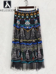 AELESEEN High Quality Summer Long Skirt Women Luxury Mesh Flower Embroidery Retro Elegant Ethnic Party Vacation Ladies