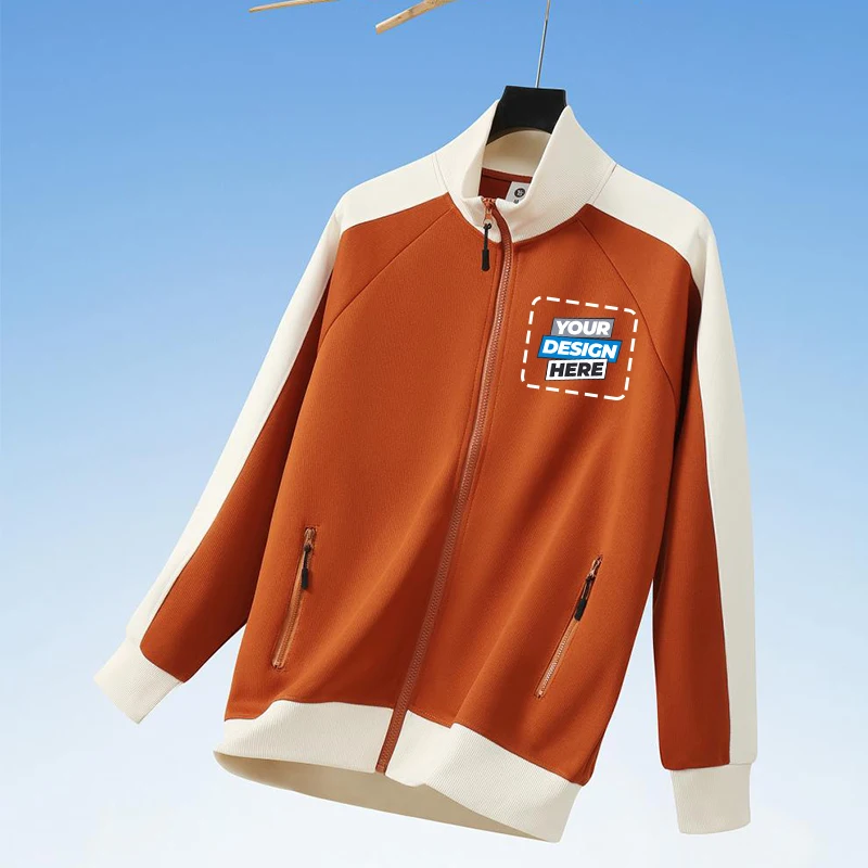 Giacca con cerniera a maniche lunghe, felpa calda color block, giacca da baseball casual, abbigliamento da esterno, logo personalizzabile