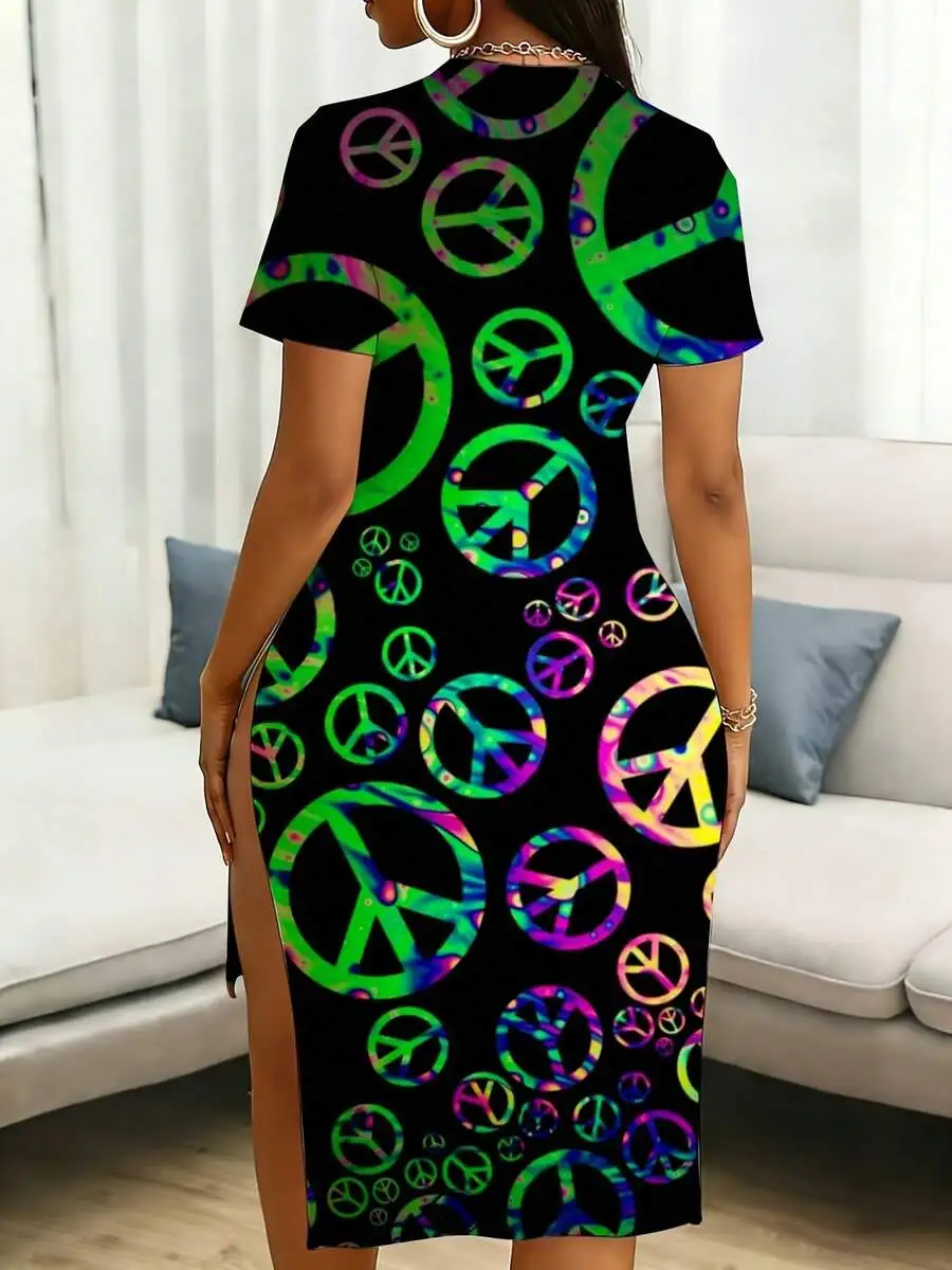 

Peace Sign Print V Neck Short Sleeve Midi Dress With Side Slit Women Casual Summer Boho Style