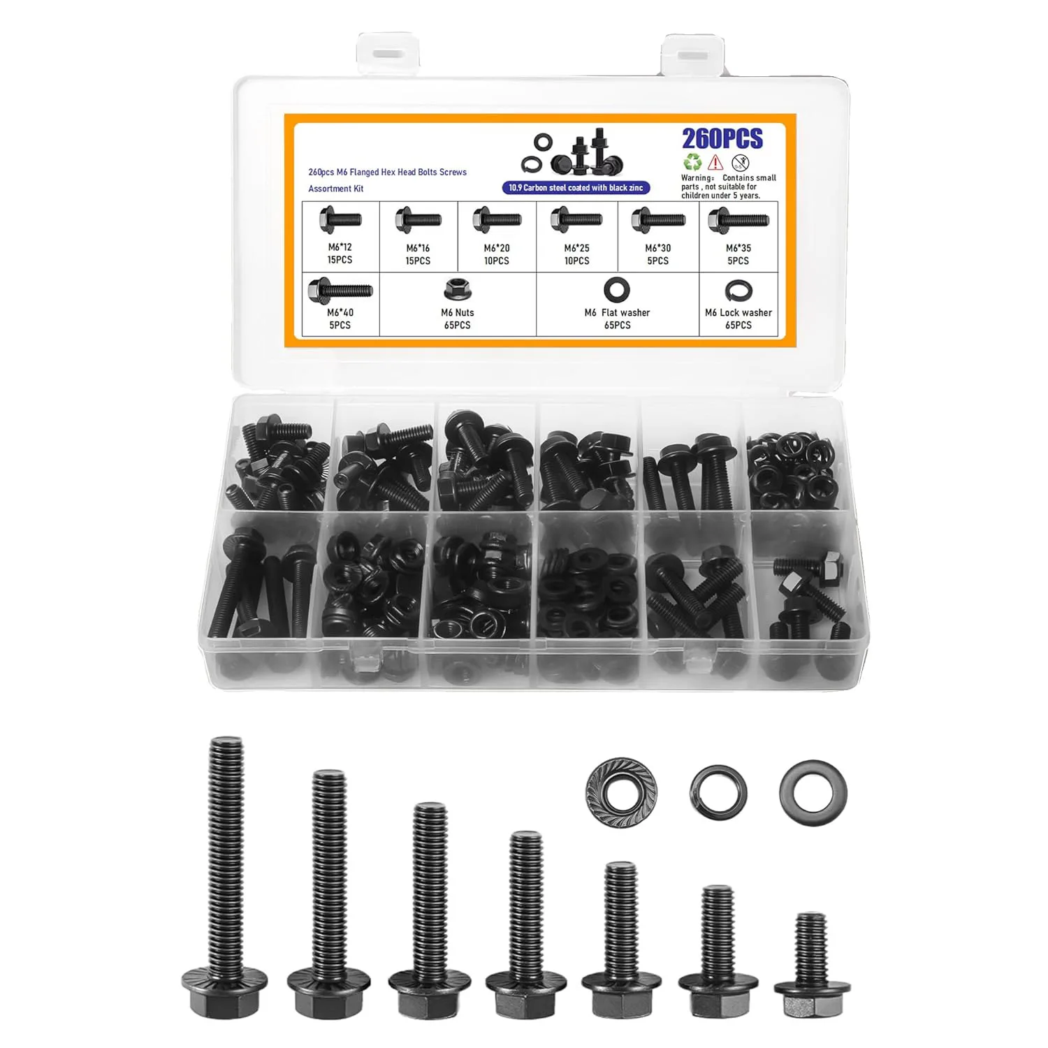 240/252/272/280pcs M6M8M10 Flange Hex Head Bolts Nuts Washers Kit Class 10.9 Alloy Steel Black Zinc Plated Flanged Hex Screws