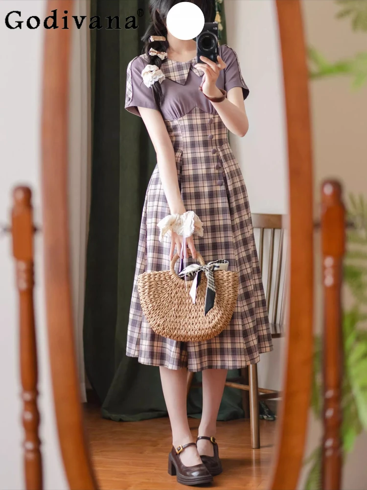

Original Retro Plaid Splicing Lolita Style Long Dress 2025 New Japanese Girl's Woman's Sweet High Waist Slim Elegant Cla Dress
