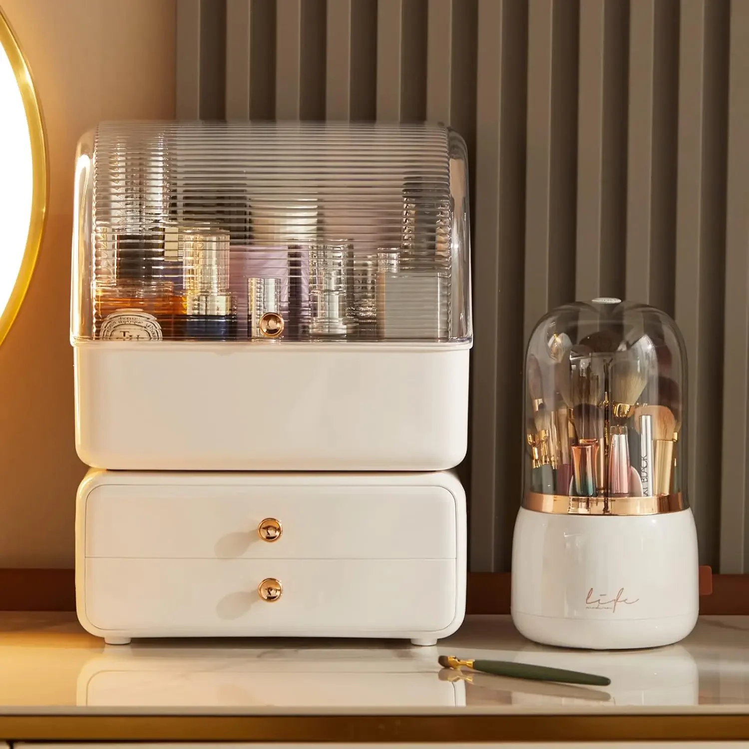 Makeup Organizer with Brush Holder, Makeup and Skincare Organizer for Vanity, Cosmetics Skincare Organizers with Lid and D