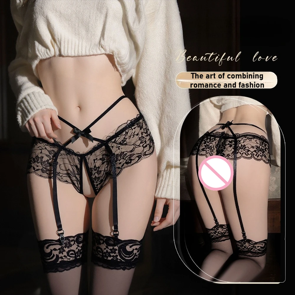 

Women's Lace Garter Belt Sexy Cross Strap Openwork Erotic Lingerie No-Pull-Off Panties Open-Crotch Panty with Stockings