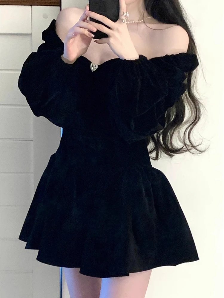 Off Shoulder Velvet Mini Dress Vintage Black Long Sleeve Slim Bow Evening Dresses Puff Sleeve Soft Sexy Pleated Square Neck New