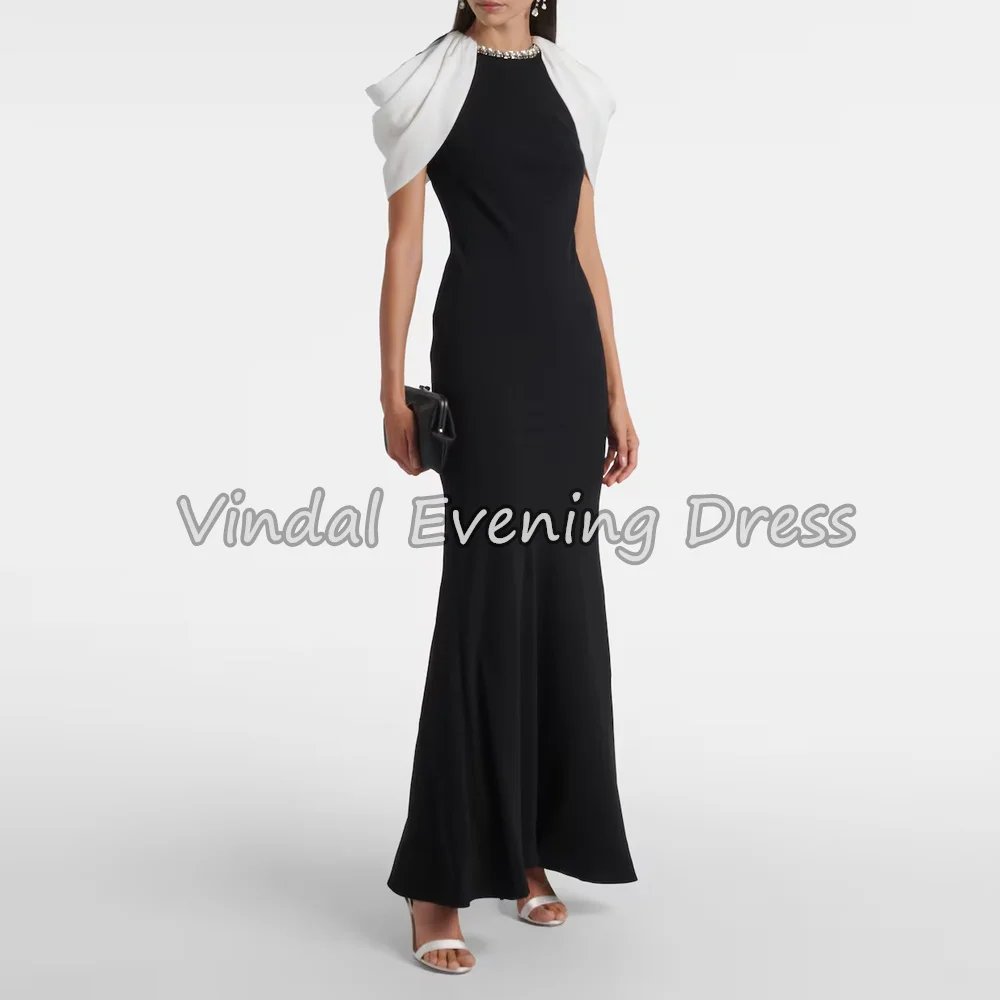 

Vindal Crepe Mermaid O-neck Floor Length Pleats Simple Saudi Evening Dresses For Women 2025 With Beading Draped Arab Party Dress