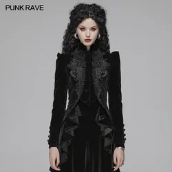 PUNK RAVE-Casaco curto feminino Gothic Lolita preto, jaqueta folhada de manga comprida, requintada decoração de renda, Club Party