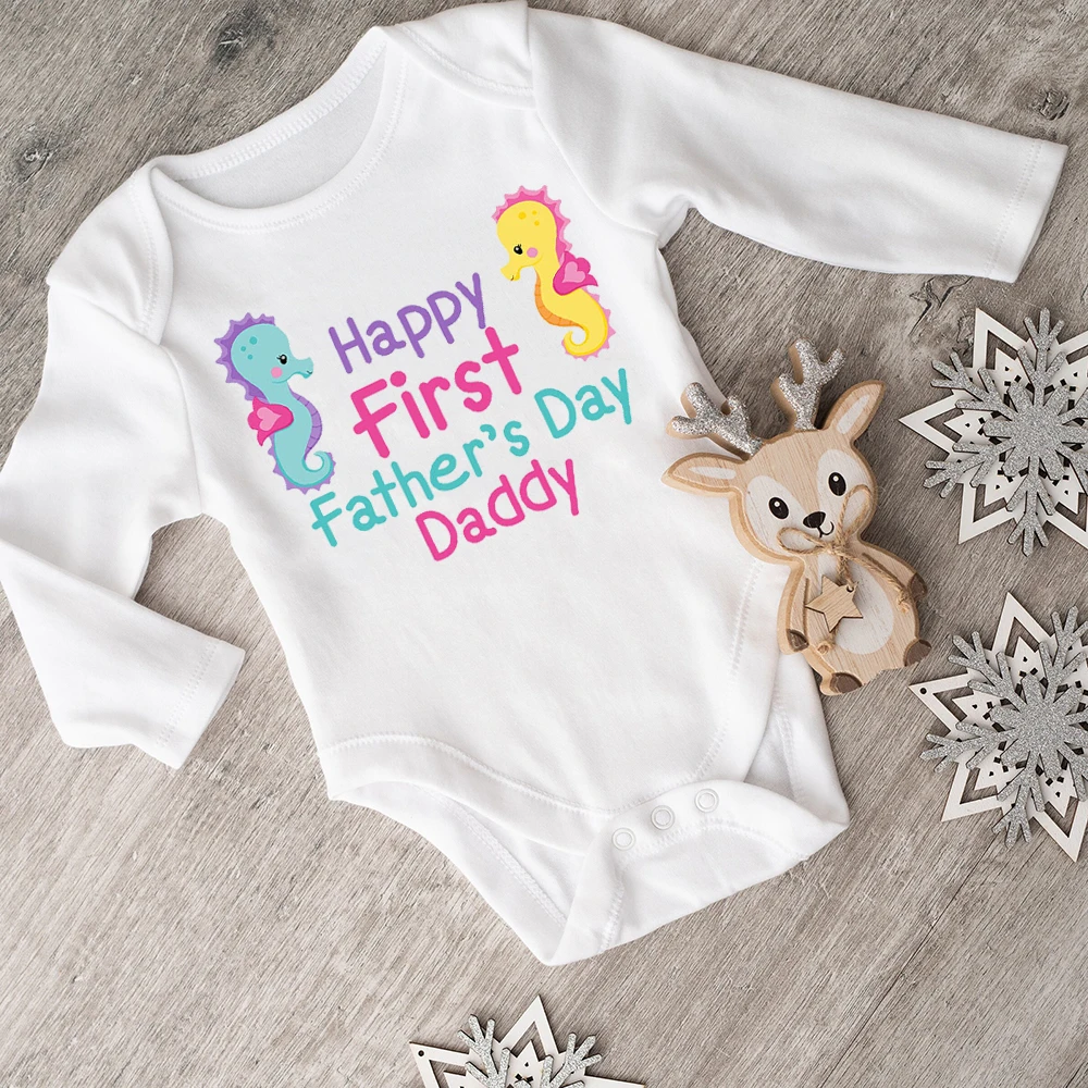 

Happy First Father's Day Daddy Baby Romper Pattern Print Girl Boy Jumpsuit Long Sleeve Crew Neck Bodysuit Fathers Day Baby Gift