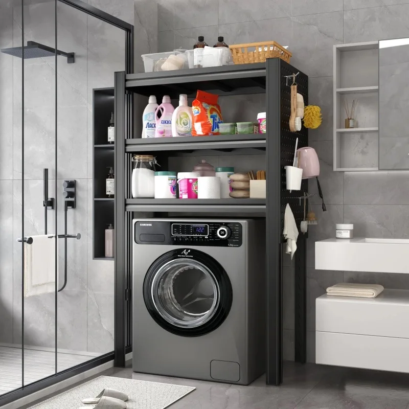 Adjustable Floor Standing Laundry Storage Rack Over Washing Machine Top Shelf Bathroom Balcony Organizer Space Saver Organizers