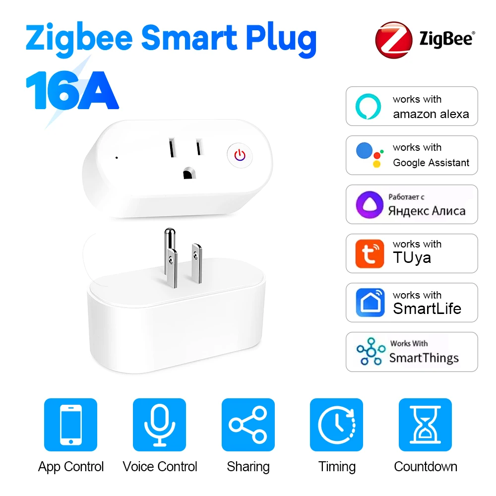 

Умная вилка Zigbee 10A16A с приложением для мониторинга мощности, таймер обратного отсчета голоса для Alexa Google Assistant, групповое управление для США