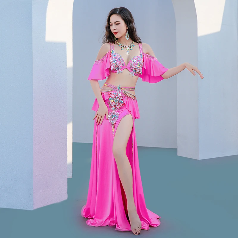 Top Egyptian BellyDance Costume Set Exquisite Pearl Bra+rhinestone Split Long Skirt Women Oriental Dance Performance Costumes