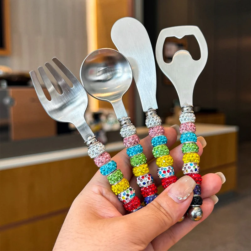 Creative Acrylic Colored Bead Flash Diamond 304 Stainless Steel Utensil Spoon Fork Butter Knife Home Beer Bottle Opener