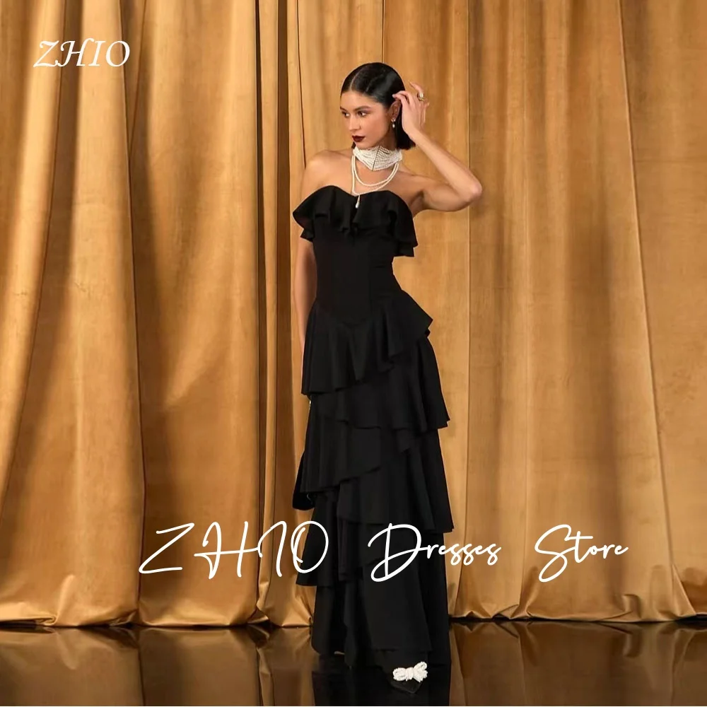 

ZHIO Modern Black Evening Dresses Strapless Multi-layered Chiffon Formal Occasion Gown Birthday Party Dress Customized Elegant