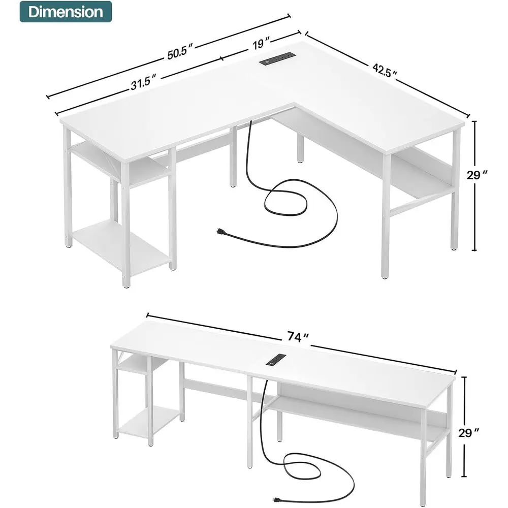 Adjustable White L-Shaped Desk with Power Outlets & USB Ports, Sturdy Home Office Desk with Storage, Easy Assembly