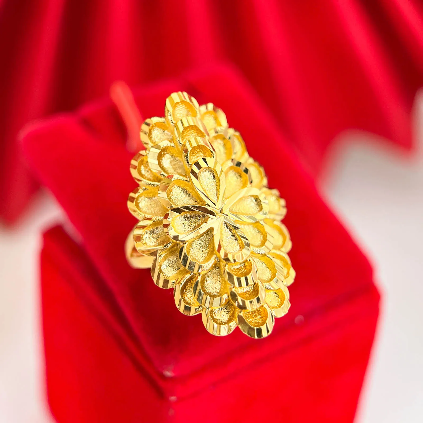 

9999 Fashion exaggerated women's ring multi-layered flower open ring 24K real gold retro wedding large flower ring jewelry