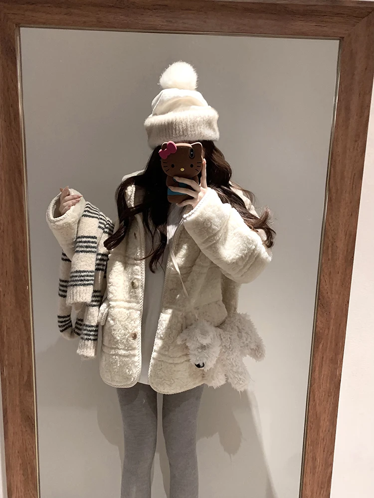 

Женская зимняя теплая верхняя одежда Thiened White Lamb Fur Jaet, новая теплая верхняя одежда из кожи и меха, корейская длинная све