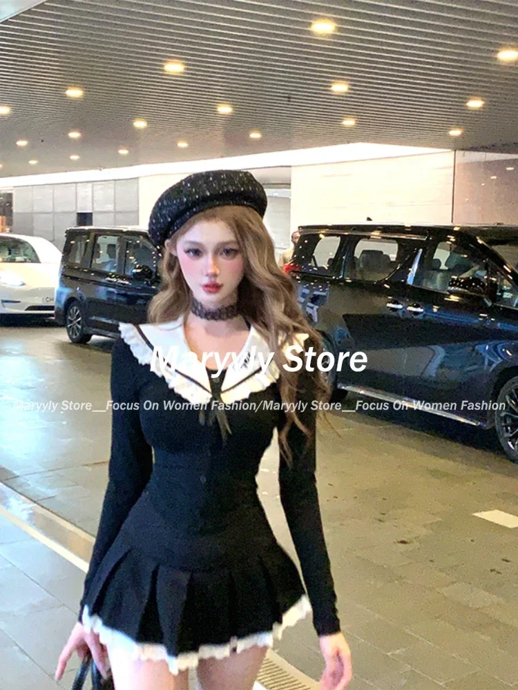 2024 Autumn Preppy Style Sweet Knitted Outfits 2 Piece Set Women Elegant Slim Y2k Crop Tops + High Waist Mini Pleated Skirt New