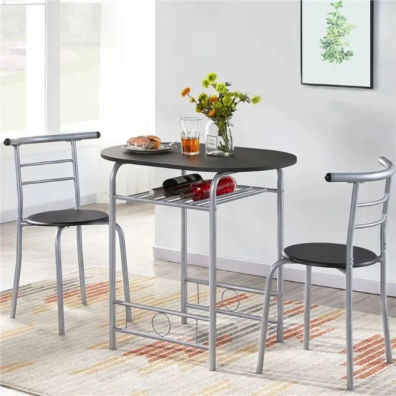 3pcs Modern Dining Set with 1 Round Table 2 Chairs for Home, Black dining table set