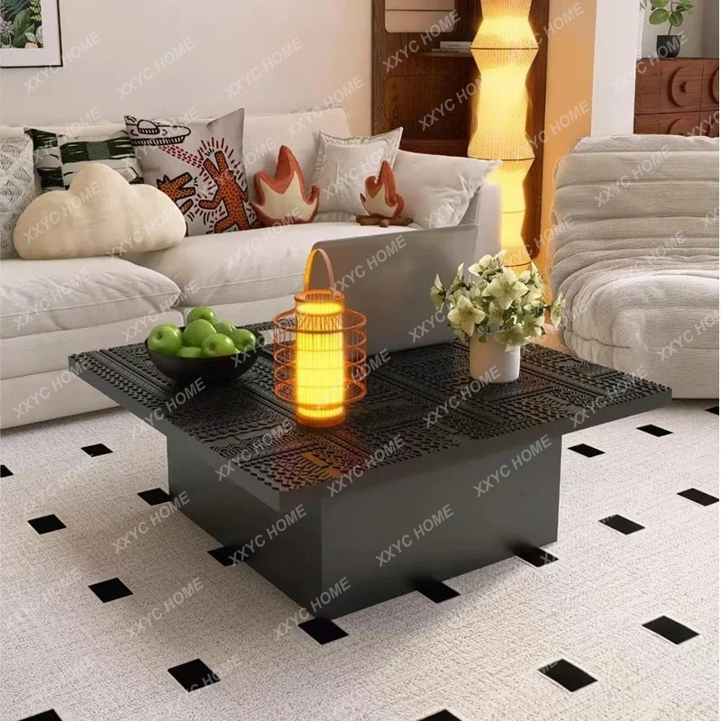 HGMedieval solid wood coffee table, black carved coffee table, modern simple square coffee table furniture can be customized