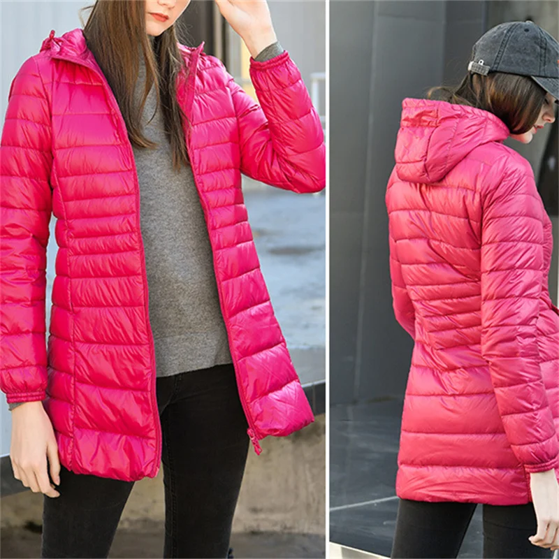 New Autumn Winter Ultra Light Thin Wihte Duck Down Jacket Women Midi Long Hooded Down Coat Parkas Female Bigsize Puffer Outwears