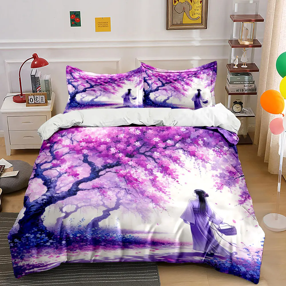 

3Pcs Cherry Blossom Kimono Girl Bedding Set, Japanese Anime Print Duvet Cover + 2 Pillowcases, Sakura Aesthetic Decor