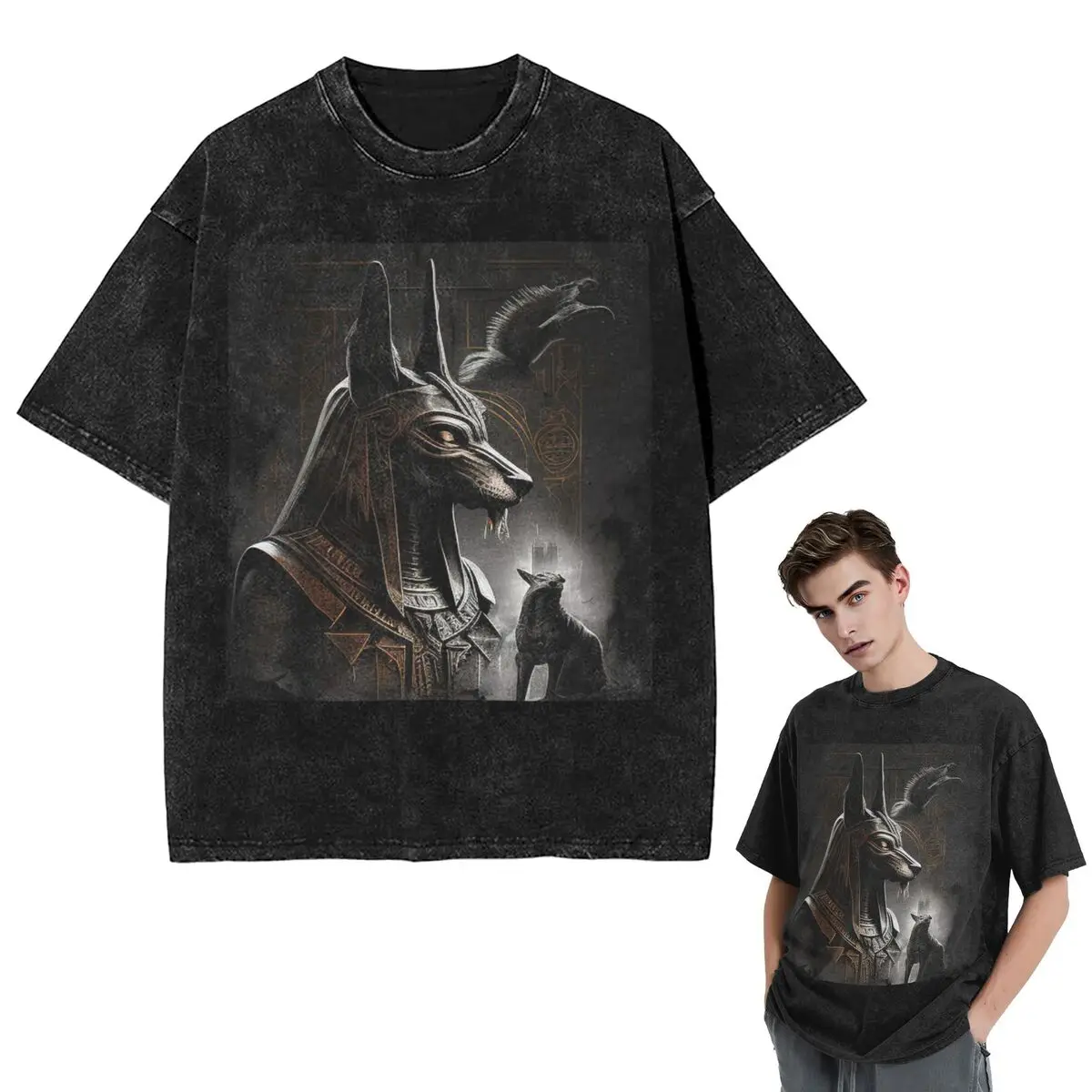 

Streetwear T-Shirts Ancient Egypt God Anubis Egyptian Pharaoh Washed T Shirt Short Sleeve Hip Hop T-Shirt Tops Tees Men Women