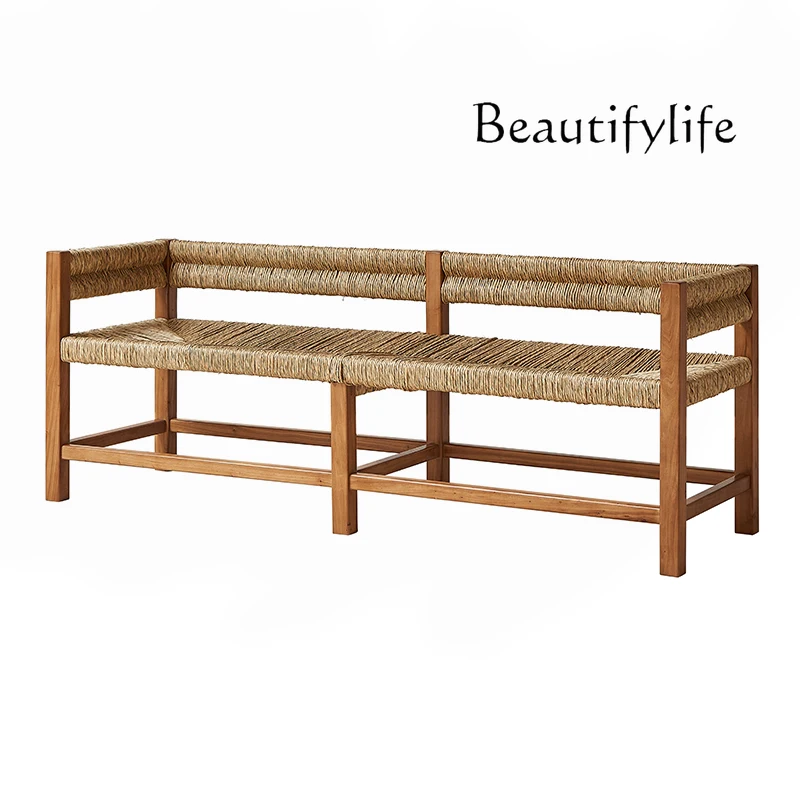 

Handmade straw rope woven bench B & B leisure chair solid wood bench balcony courtyard seat simple