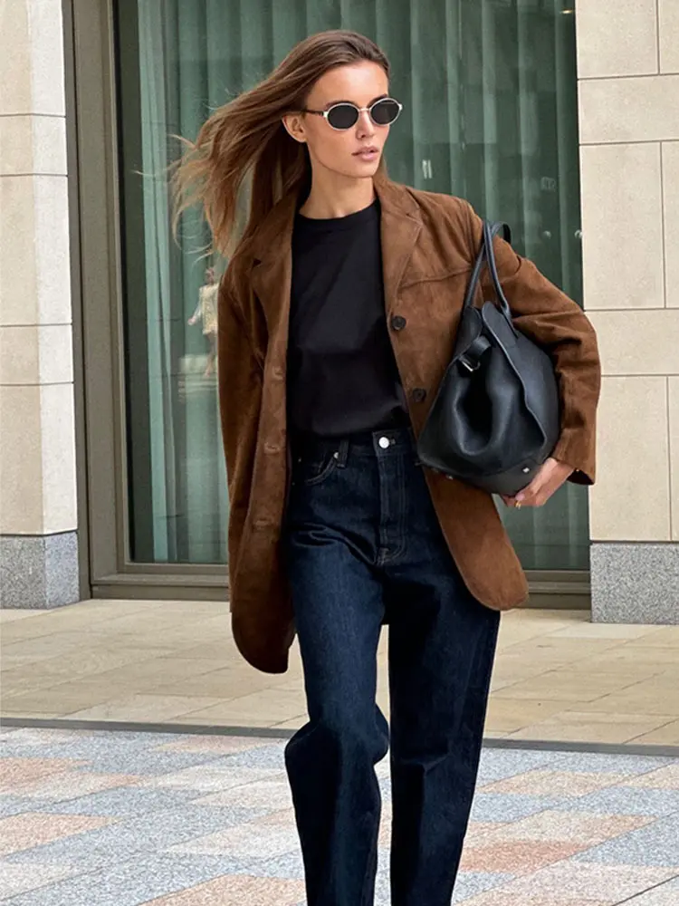 Fashion Brown Lapel With Pocket Jacket Woman Single Breasted Long Sleeve Blazer Coat 2024 Autumn Lady High Street Outwear