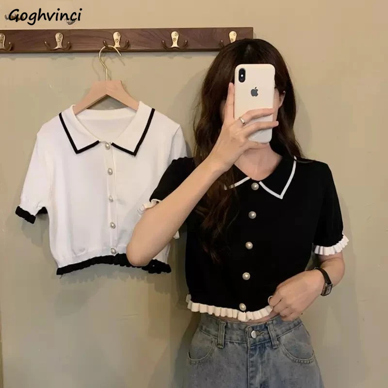 T-shirts Women Patchwork Korean Style Casual Loose Fit Unique Tops Single Breasted Elegant Ladies Fashion Streetwear Trendy Chic