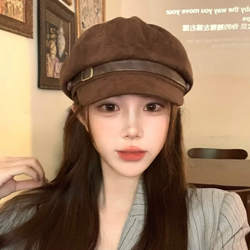 Retro British Style Solid Color Beret Hat for Women Versatile Octagonal Newsboy Cap for Big Head Circumference Spring Autumn Hat