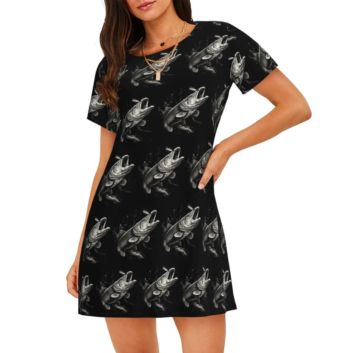 Custom Fishing Lover Pike Fish Design Short Sleeves Nightdress For Sleepshirts Women Short Sleeve Nightgowns Soft Pajama Dress