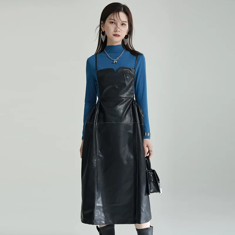 PU Suspender skirt 2024 spring new niche design sense waist closed three-dimensional large swing dress