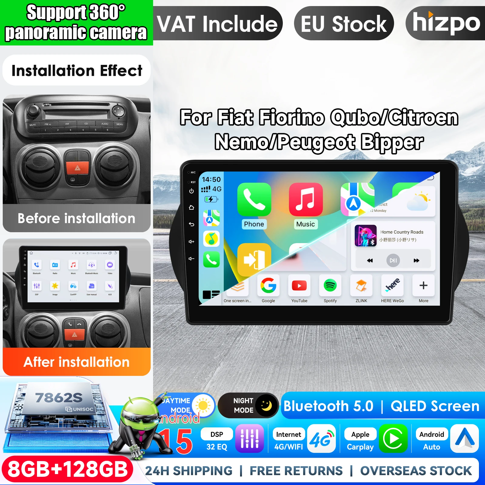 Android 15 für Fiat Fiorino Qubo Citroen Nemo Peugeot Bipper 2008 - 2017 Carplay Auto QLED-Bildschirm 4G Autoradio Multimedia-Player mit Apple CarPlay Smart Intelligent Systems IPS-Touchscreen