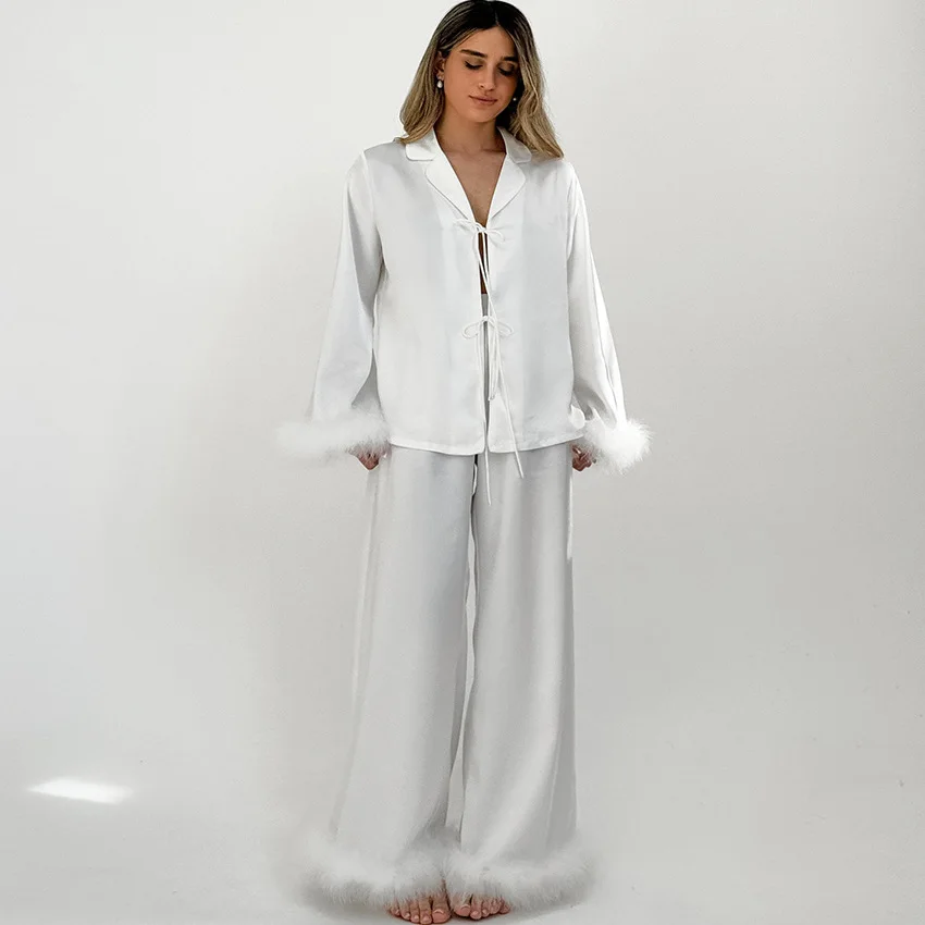 

Summer Soft Long Sve Long Pants Women's Spwear Home Clothes Feather Splicing Ladies Pajama Set Comfortable Faionable