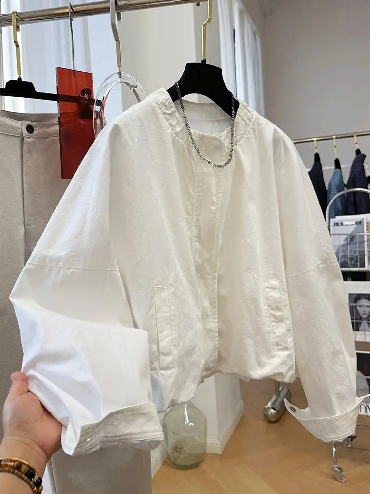 

2025 Women O-Neck Long Sleeve Short Jacket Front Zipper Coat Loose Bomber Outerwear Lady Commuting Casual Outfits Top