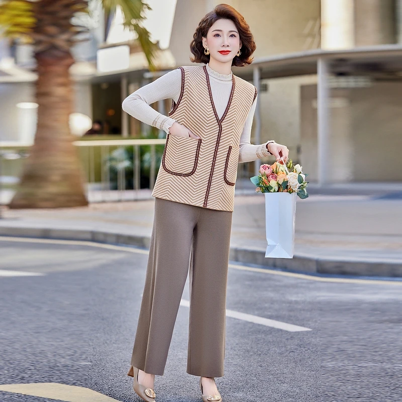 

Ele Knitted Tee-Piece Set for Middle-Aged And ly Women Spring Faion Outerwear Comfortable Loose Fit Polyester Blend