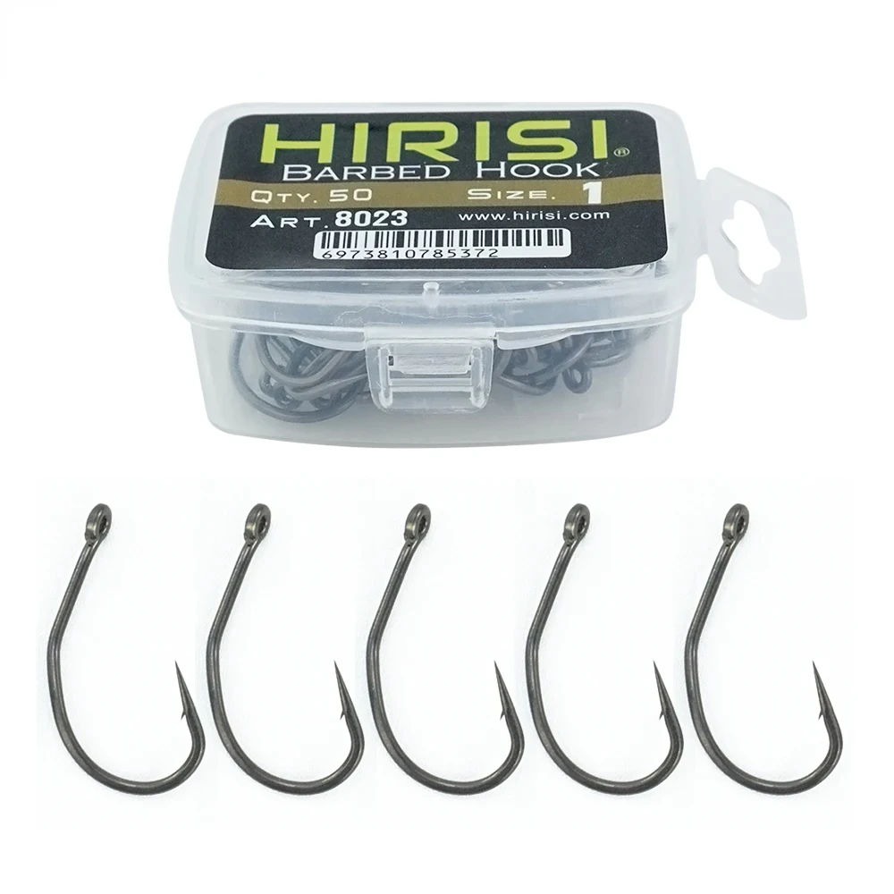 Hirisi 50pcs ptfe ציפוי פחמן גבוהה נירוסטה bired ווים דגים אביזרי דיג 8023 דיג פתיונות דגים ווים