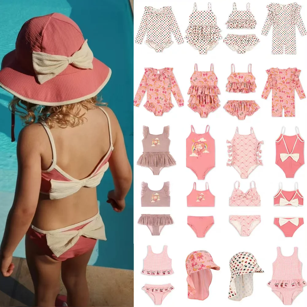 Girls Swimsuit 2025 Summer Printing Fashion Girls One-piece Swimsuit Cotton Pink Quick-drying Sunscreen Beachwear Beach Sun Hat