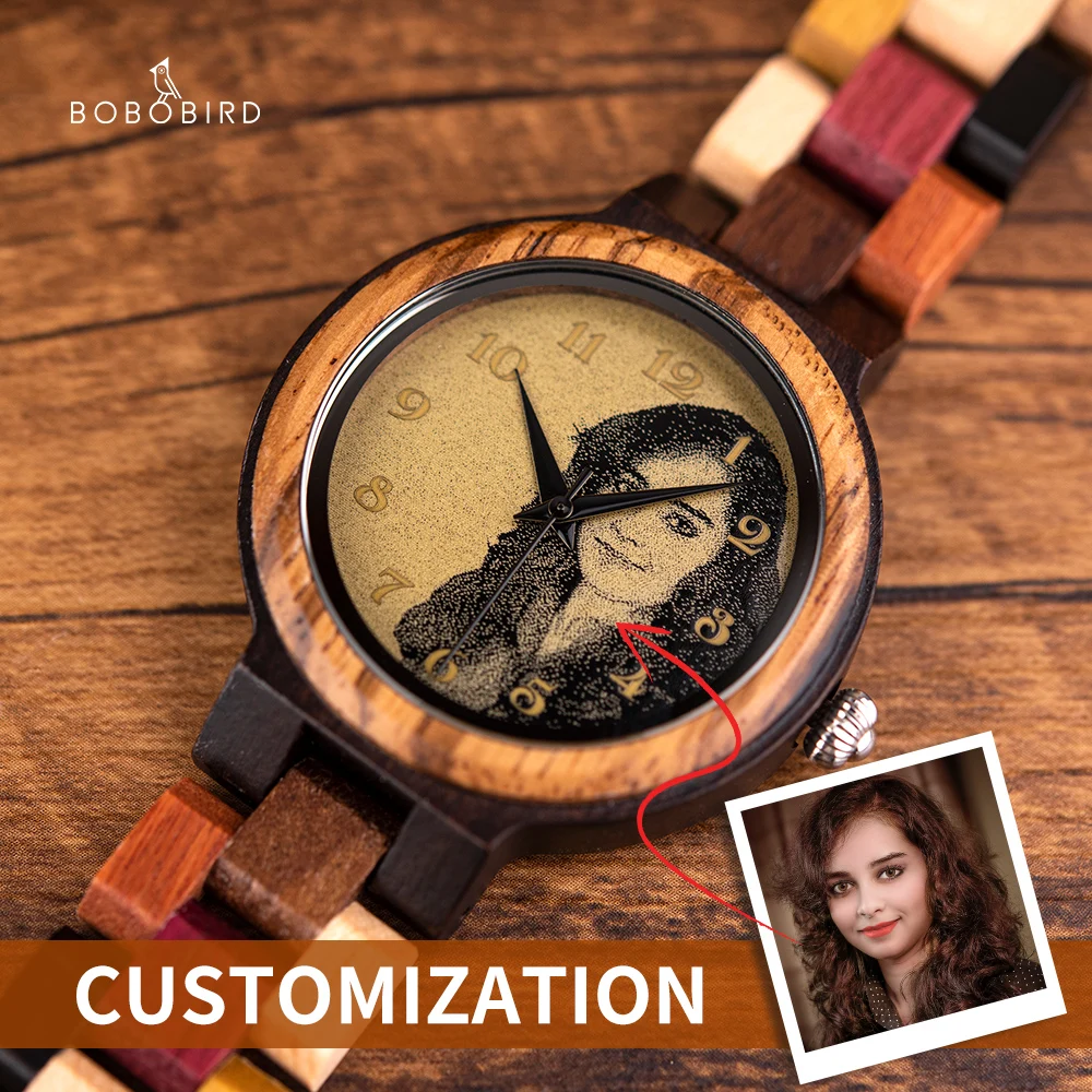 BOBO BIRD Personalized Watch for Men Women Photo Print Wood Wristwatch Birthday Valentine's Day Couple Watches Relogio Mascul